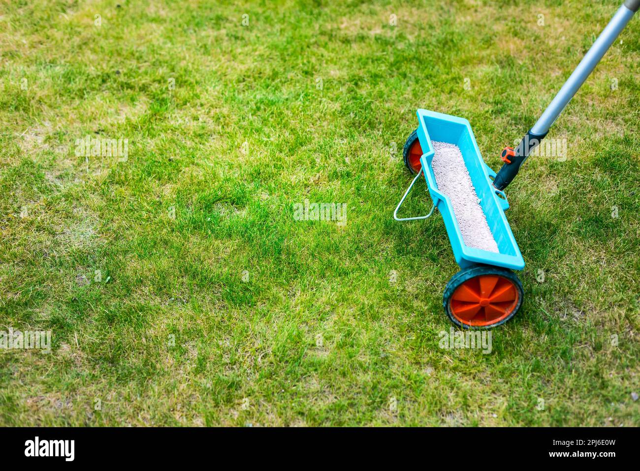 Rasenpflege - Rasen Frühling Düngung Werkzeug Stockfoto