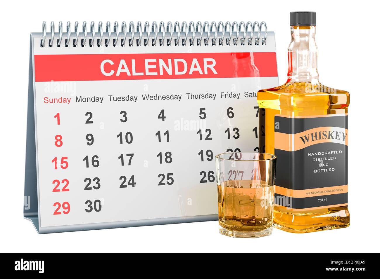 Whiskey-Flasche und ein Glas Whiskey mit Tischkalender, 3D-Rendering auf weißem Hintergrund Stockfoto
