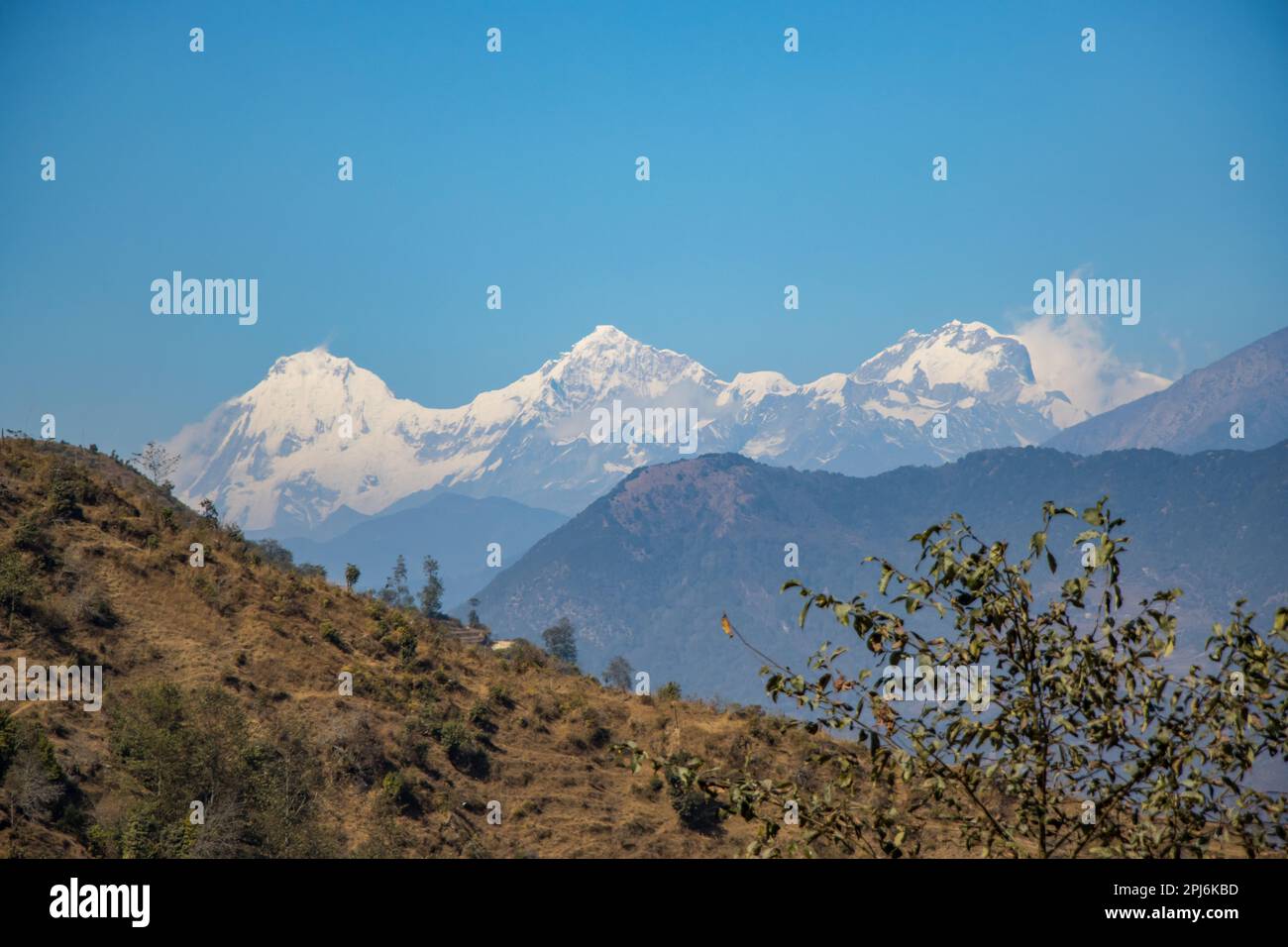 Wunderschöne Himalaya Bergkette Ganesh, Langtang, Everest, Himal aus Bhotechaur, Nepal Stockfoto