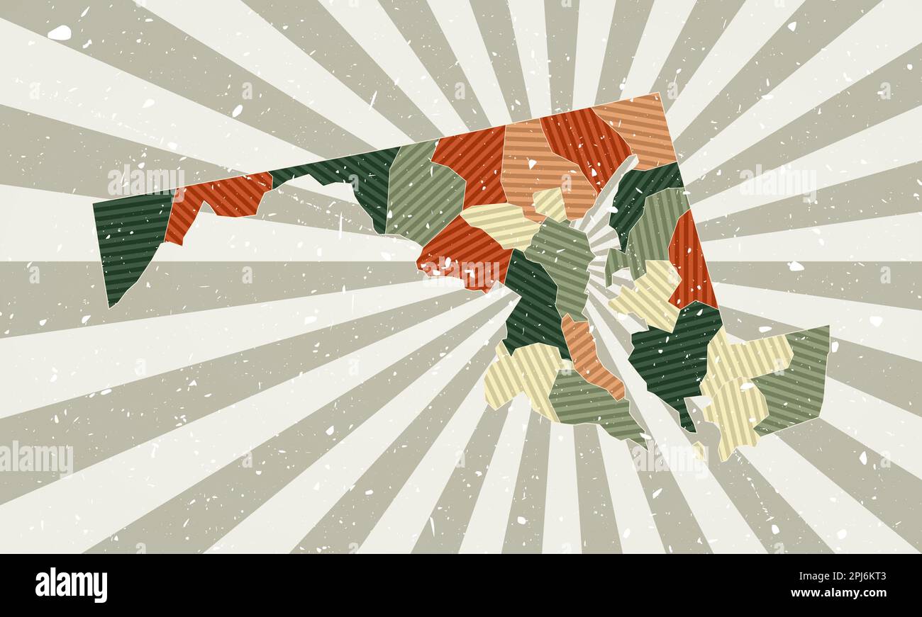 Maryland Vintage Karte. Grunge-Poster mit Karte des US-Bundesstaates in Retro-Farbpalette. Form von Maryland mit Sonnenstrahlen Hintergrund. Stock Vektor
