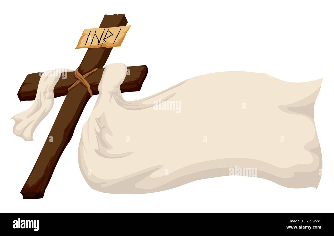 Religiöse Vorlage mit christlichem Kreuz aus Holz und langem weißem Stoff. Cartoon-Design auf weißem Hintergrund. Stock Vektor