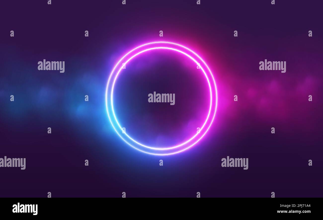 Neonkreisrahmen mit Rauchwolke, leuchtender Gradientenring mit farbenfrohem Nebel und doppeltem Rand. Stock Vektor