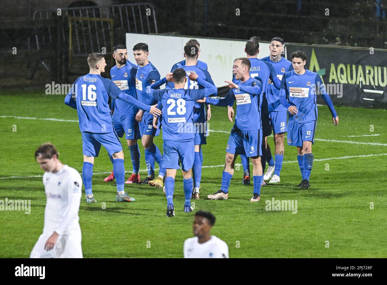 Denderleeuw, Belgien. 31. März 2023. Dender Suer Barbaros Cukur Tiago feiert nach einem Tor während eines Fußballspiels zwischen Dender EH und Jong Genk (U23) am Freitag, den 31. März 2023 in Denderleeuw, am 5. Tag der Relegation Play-offs während der 1B. Division der belgischen Meisterschaft 2022-2023 „Challenger Pro League“. BELGA FOTO TOM GOYVAERTS Kredit: Belga News Agency/Alamy Live News Stockfoto