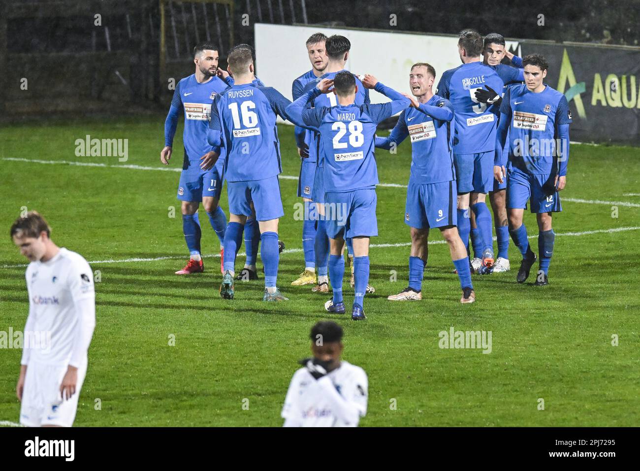 Denderleeuw, Belgien. 31. März 2023. Dender Suer Barbaros Cukur Tiago feiert nach einem Tor während eines Fußballspiels zwischen Dender EH und Jong Genk (U23) am Freitag, den 31. März 2023 in Denderleeuw, am 5. Tag der Relegation Play-offs während der 1B. Division der belgischen Meisterschaft 2022-2023 „Challenger Pro League“. BELGA FOTO TOM GOYVAERTS Kredit: Belga News Agency/Alamy Live News Stockfoto