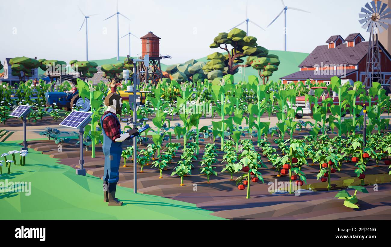 Metaverse Avatare von Menschen, die lernen, die landwirtschaftliche Produktivität in einer intelligenten Farm der virtuellen Welt zu steigern, 3D-Rendering Stockfoto