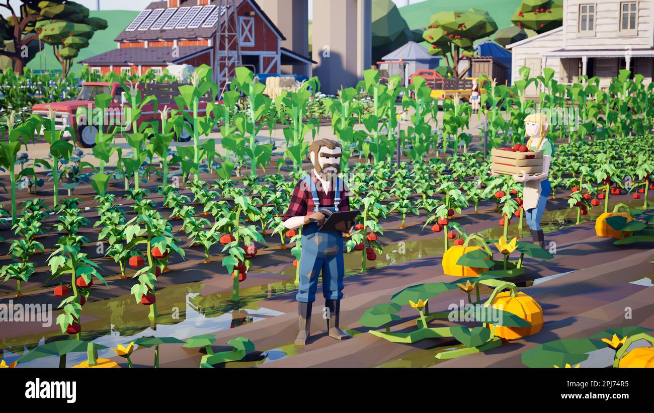 Metaverse Avatare von Menschen, die lernen, die landwirtschaftliche Produktivität in einer intelligenten Farm der virtuellen Welt zu steigern, 3D-Rendering Stockfoto