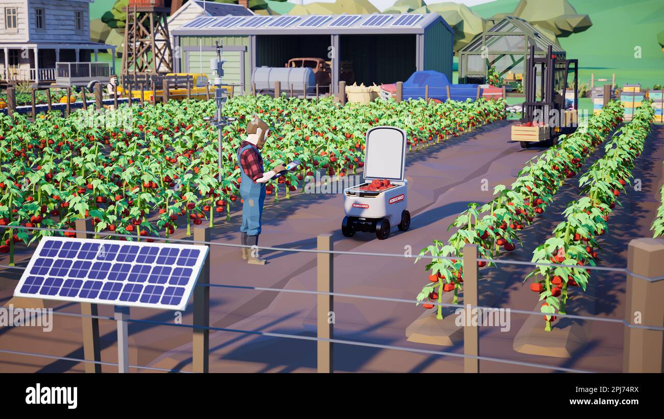 Metaverse Avatare von Menschen, die lernen, die landwirtschaftliche Produktivität in einer intelligenten Farm der virtuellen Welt zu steigern, 3D-Rendering Stockfoto