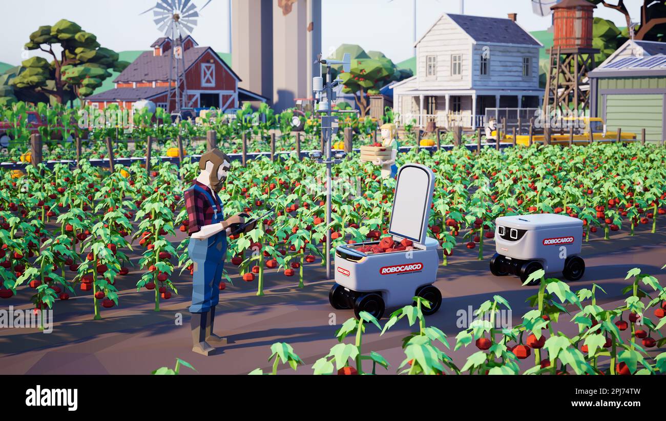 Metaverse Avatare von Menschen, die lernen, die landwirtschaftliche Produktivität in einer intelligenten Farm der virtuellen Welt zu steigern, 3D-Rendering Stockfoto