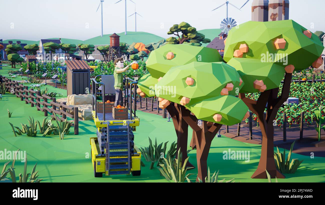 Metaverse Avatare von Menschen, die lernen, die landwirtschaftliche Produktivität in einer intelligenten Farm der virtuellen Welt zu steigern, 3D-Rendering Stockfoto