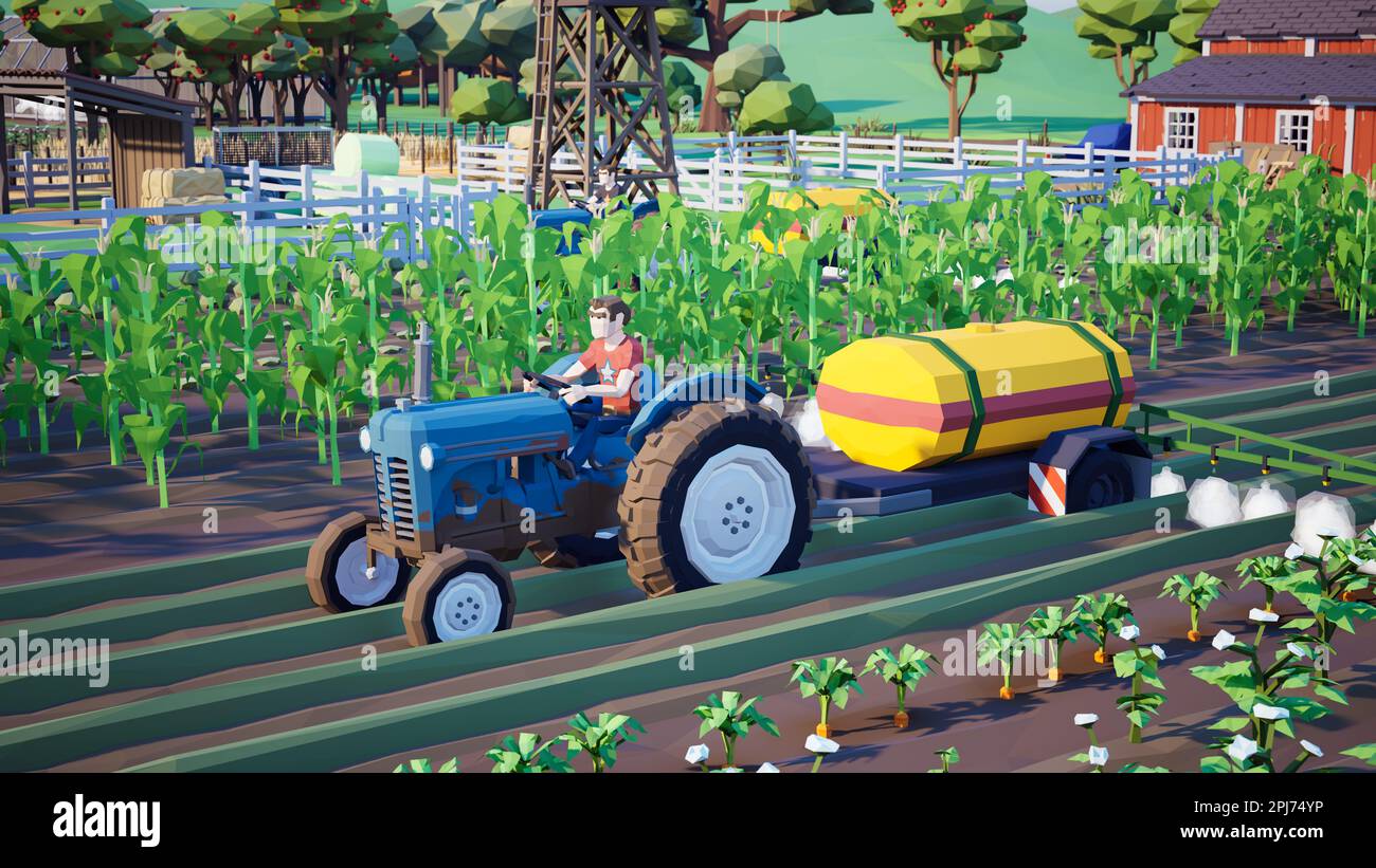 Metaverse Avatare von Menschen, die lernen, die landwirtschaftliche Produktivität in einer intelligenten Farm der virtuellen Welt zu steigern, 3D-Rendering Stockfoto