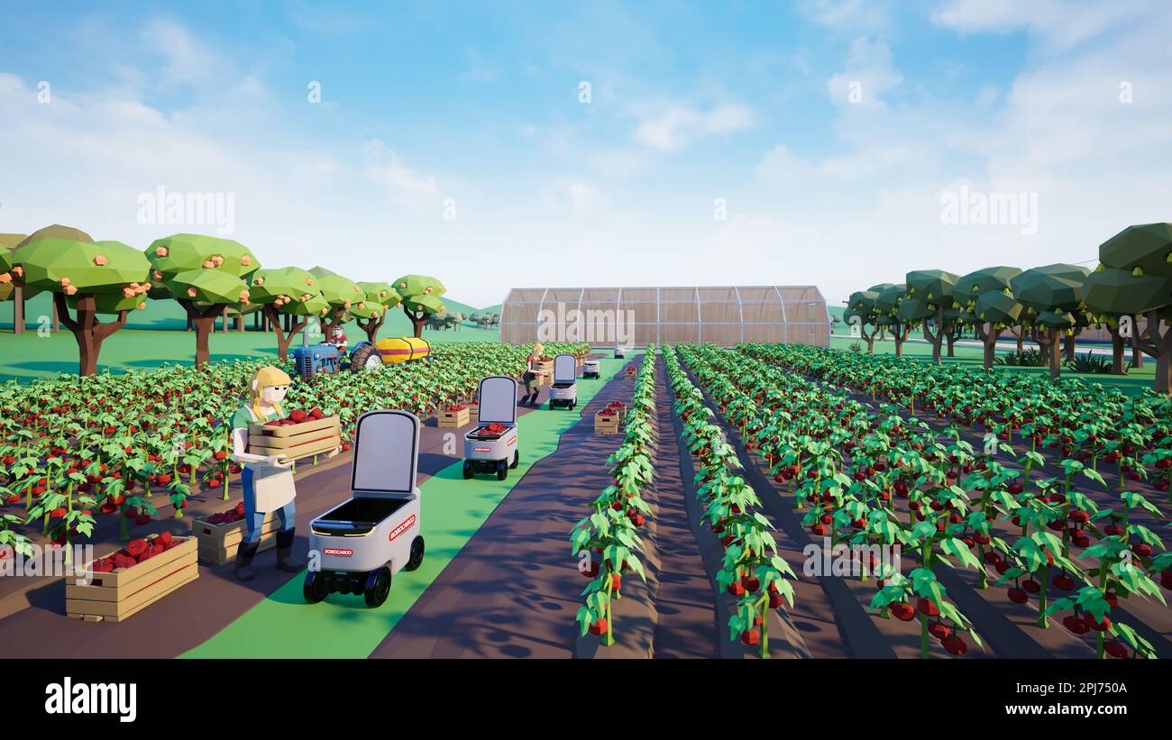 Metaverse Avatare von Menschen, die lernen, die landwirtschaftliche Produktivität in einer intelligenten Farm der virtuellen Welt zu steigern, 3D-Rendering Stockfoto