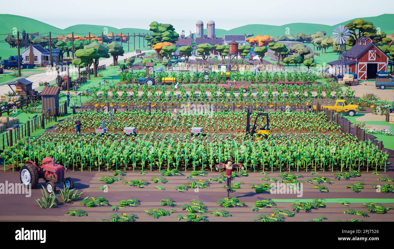 Metaverse Avatare von Menschen, die lernen, die landwirtschaftliche Produktivität in einer intelligenten Farm der virtuellen Welt zu steigern, 3D-Rendering Stockfoto