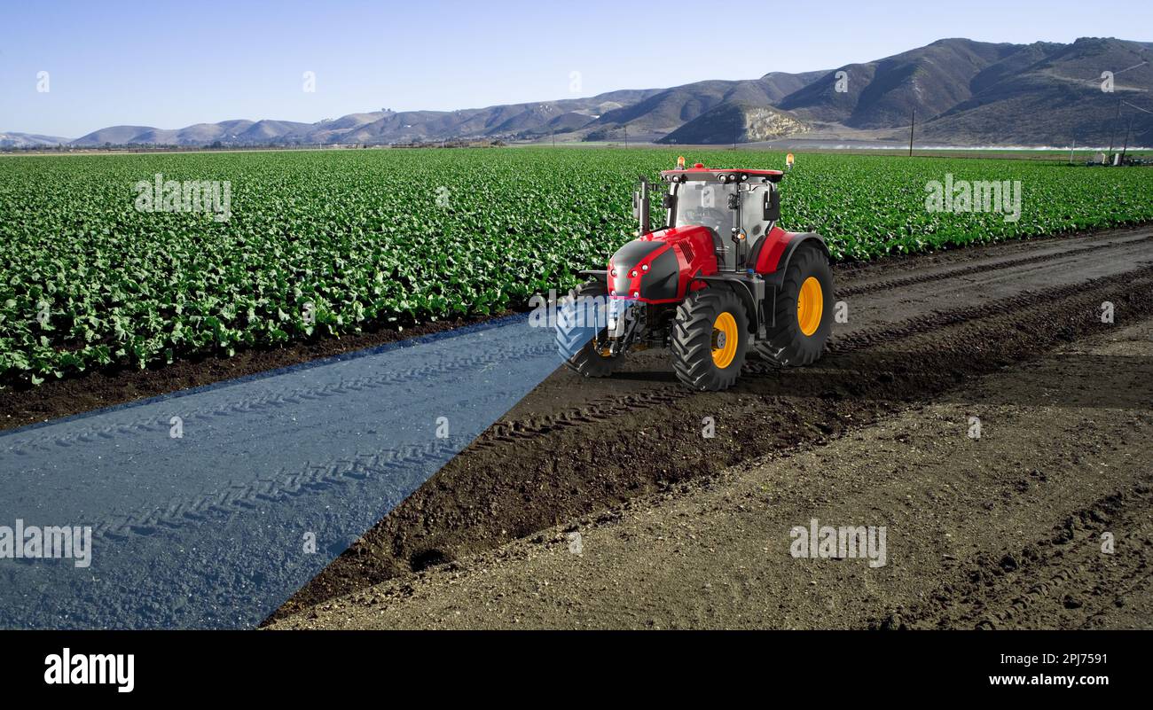 Autonomer Traktor im Salatfeld, Future 5G-Technologie mit Smart Agriculture Farming Concept, 3drender Stockfoto