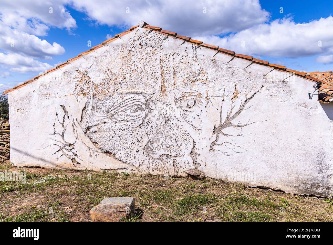 Europa, Portugal, Alandroal. 21. April 2022. Das Porträt wurde vom Künstler Alexandre Farto, bekannt als Vhils, in ein Stuckgebäude gehauen. Stockfoto