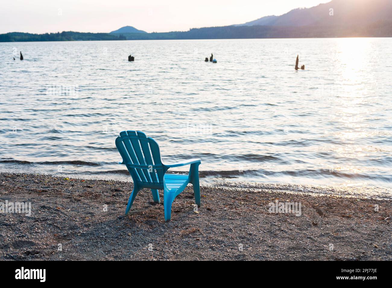 Sonnenuntergang an einem Strand am Lake Quinault im Olympic-Nationalpark im nördlichen Bundesstaat Washington. Stockfoto