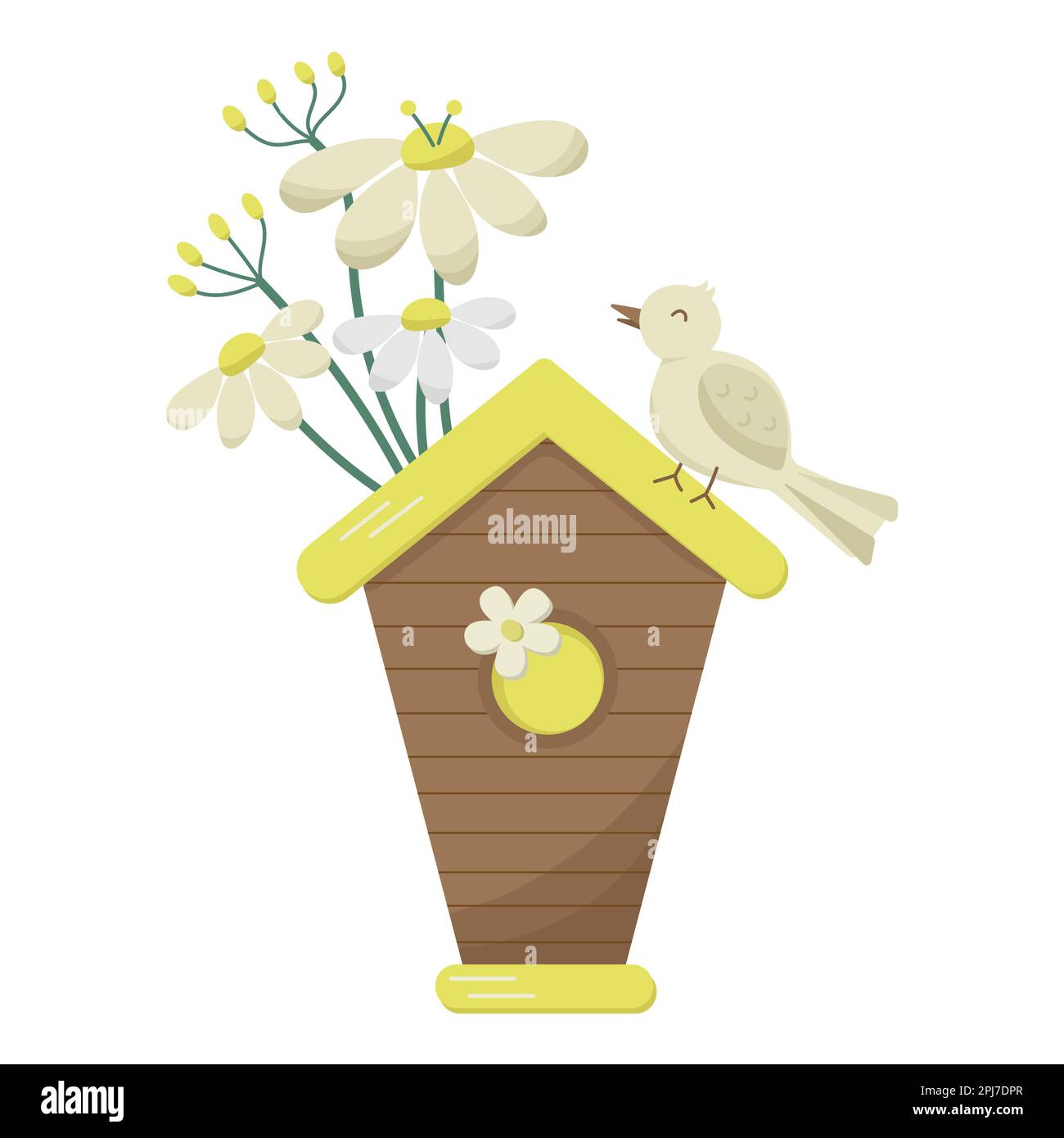 Vogelhaus mit einem kleinen singenden Vogel auf dem Dach und Blumenstrauß. Zeichentrickfilm-Vektorfeder-Illustration. Frühlingskonzept Stock Vektor