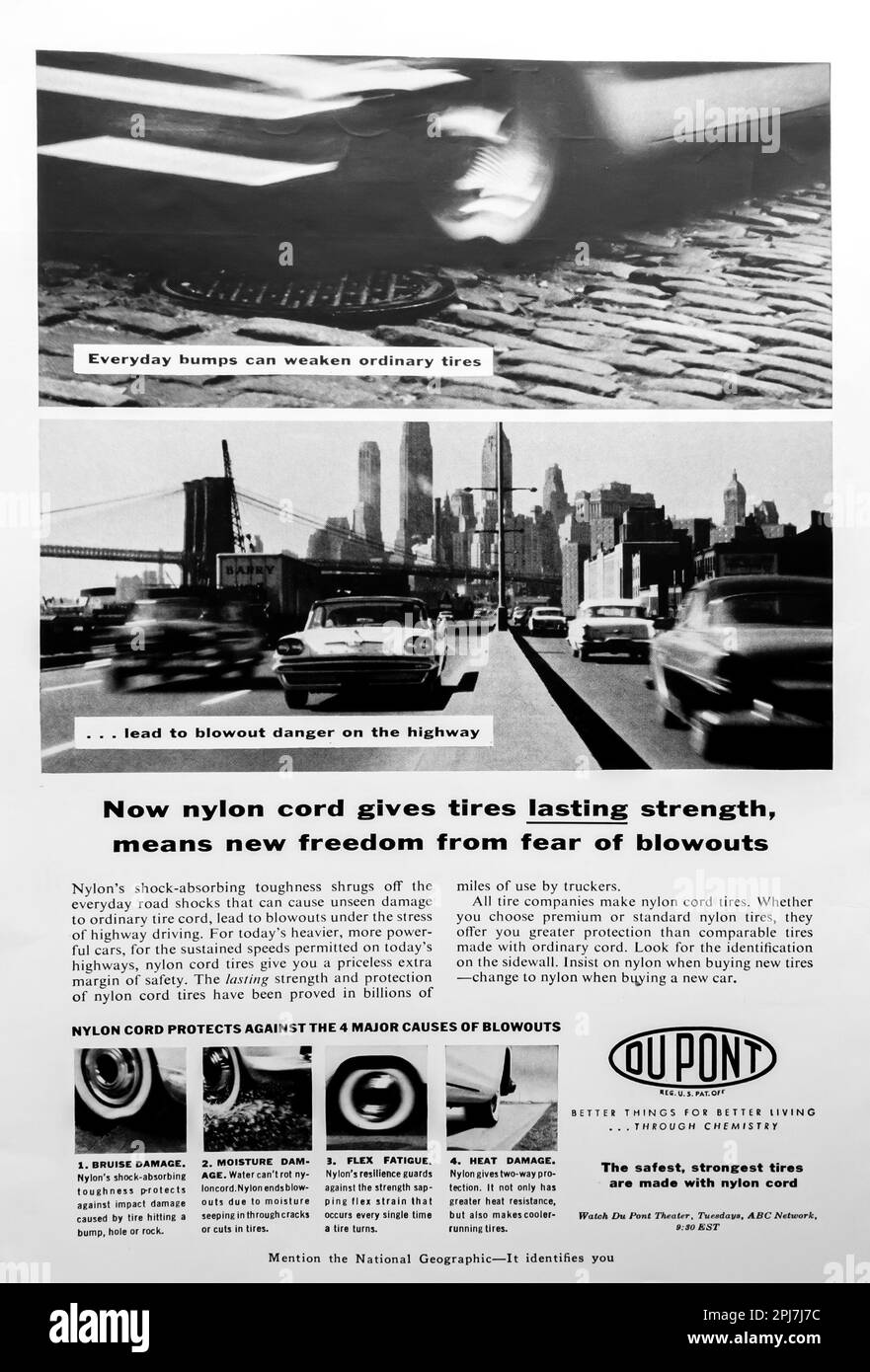 DuPont Nylon-Reifen, Reifen, Reifenwerbung in einem Magazin in NatGeo, Mai 1957 Stockfoto