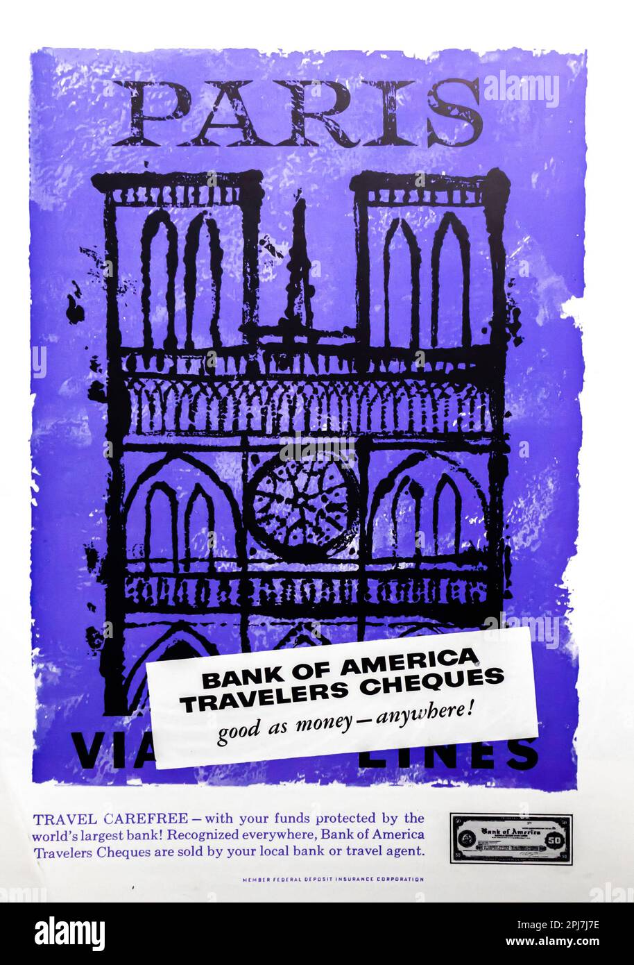 Reisegeschecks der Bank of America Paris France in einer Zeitschrift NatGeo, Mai 1957 Stockfoto