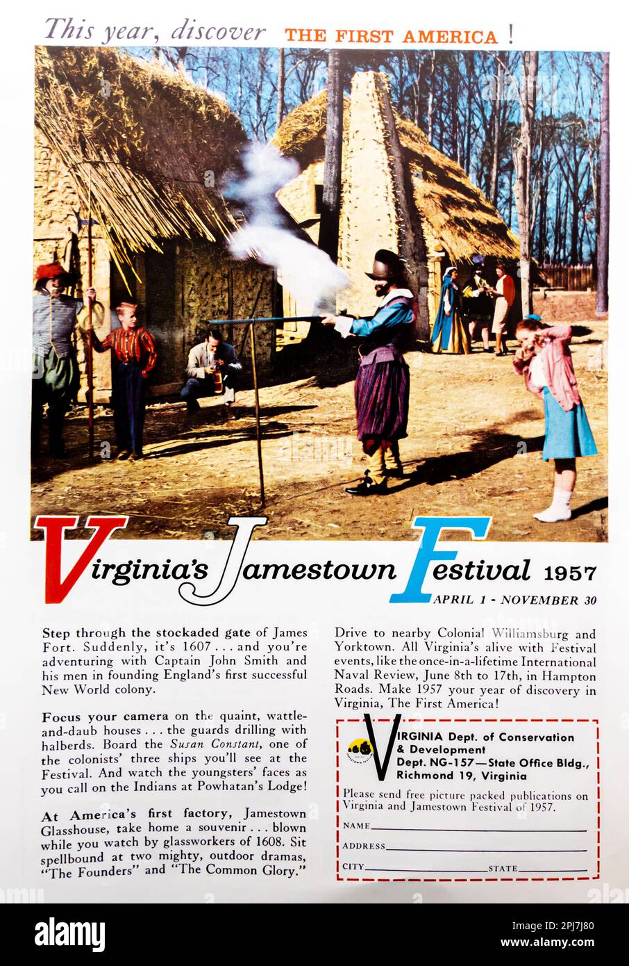 Virginia's Jamestown Festival '57 - Entdecken Sie die erste amerikanische Werbung in einer Zeitschrift NatGeo, Mai 1957 Stockfoto