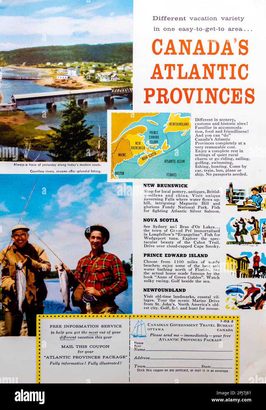 Reisewerbung der kanadischen atlantischen Provinzen in einer Zeitschrift NatGeo, Mai 1957 Stockfoto