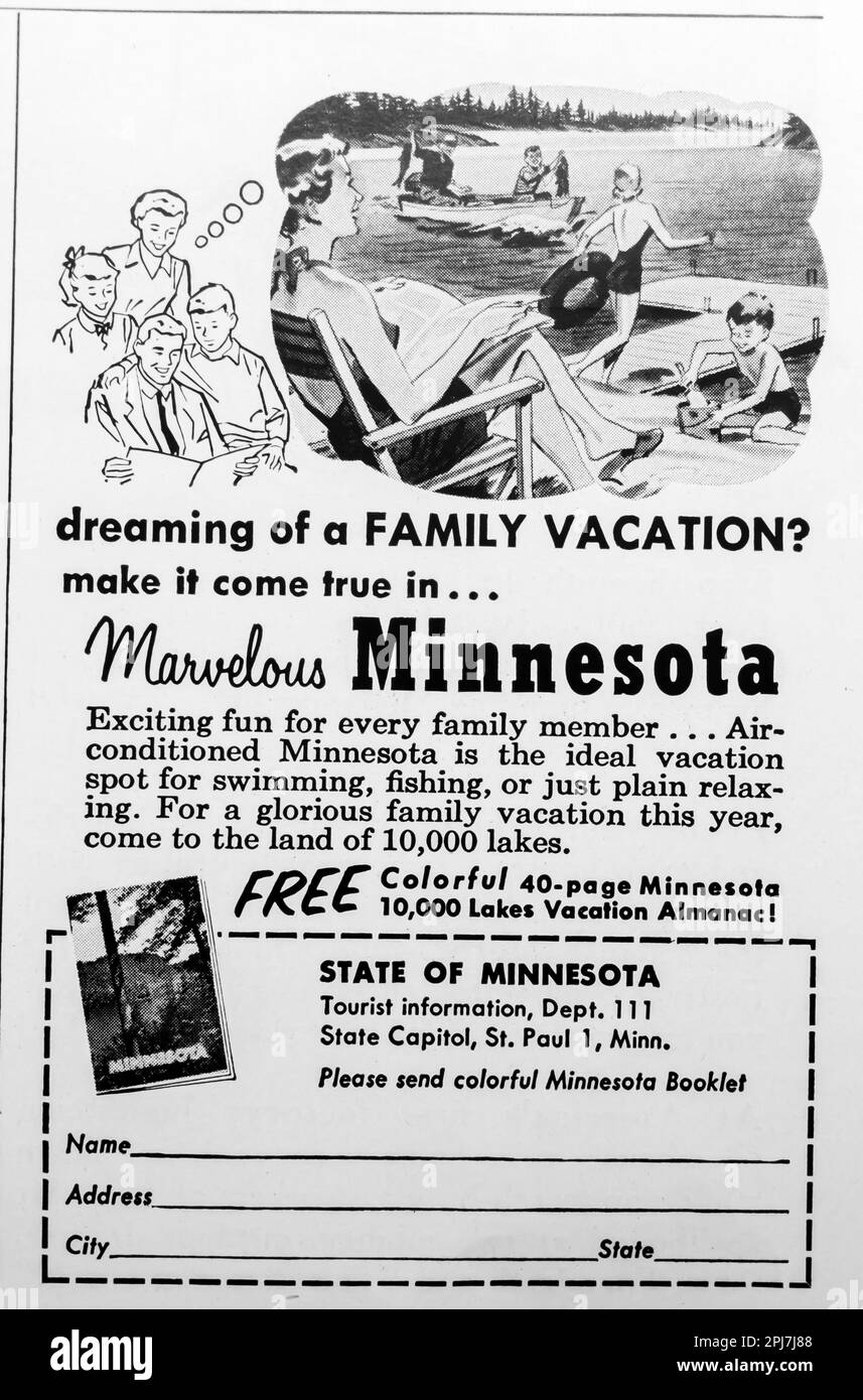 Tourismuswerbung für Minnesota in einer Zeitschrift NatGeo, Mai 1957 Stockfoto