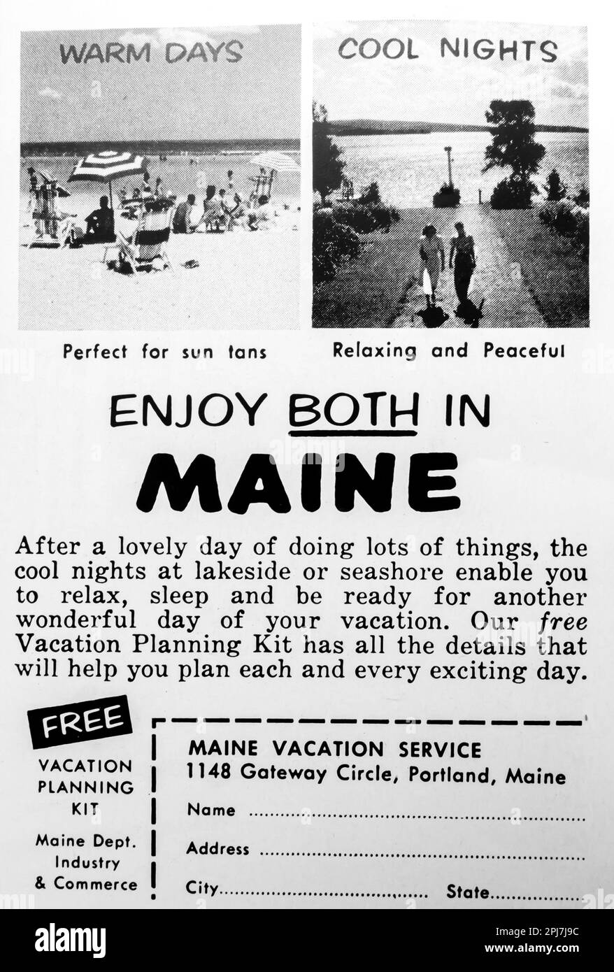 Reisewerbung von Maine in einer Zeitschrift von NatGeo, Mai 1957 Stockfoto