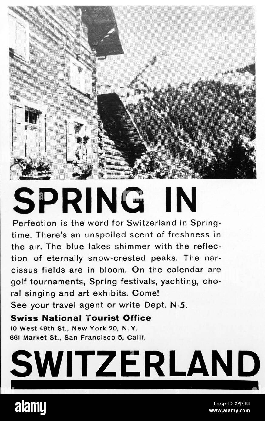 Schweizer Reisewerbung in einer Zeitschrift NatGeo, Mai 1957 Stockfoto