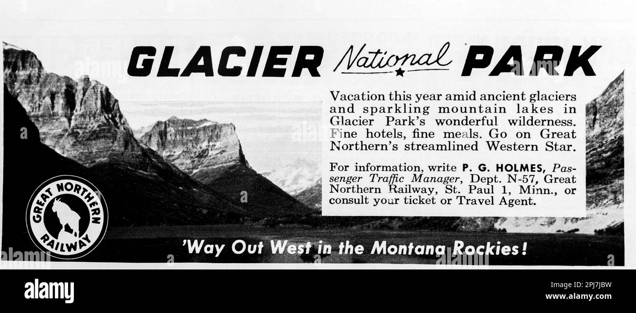 Glacier Park Montana – Great Northern Railway Werbespot in einer Zeitschrift von NatGeo, Mai 1957 Stockfoto