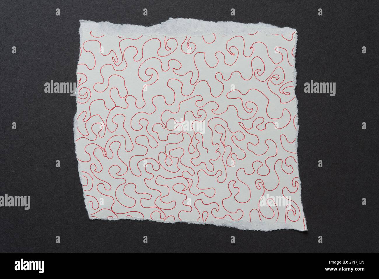 Ein Stück zerrissenes Papier mit freihändigen, gequetschten Linien auf grauem Hintergrund Stockfoto