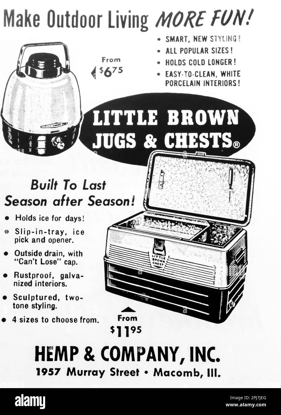 Hanf & Company Kannen und Eiskisten - Outdoor Wohnausstattung. Anzeige in einer Zeitschrift NatGeo Juni 1957 Stockfoto
