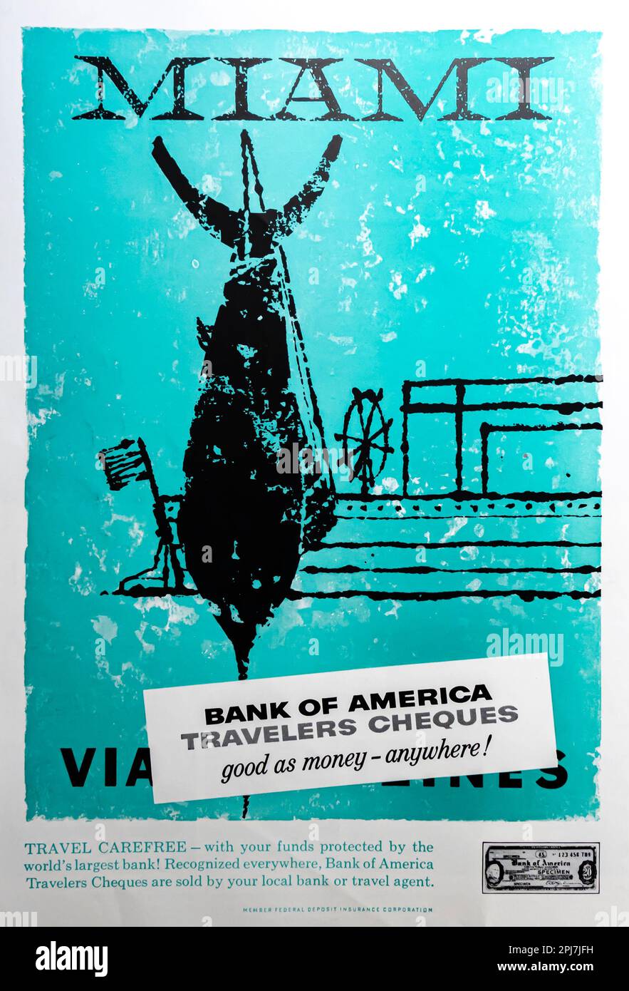 Bank of America Traveller schickt Reisewerbung für Miami Florida in einem NatGeo Magazin, Juli 1957 Stockfoto