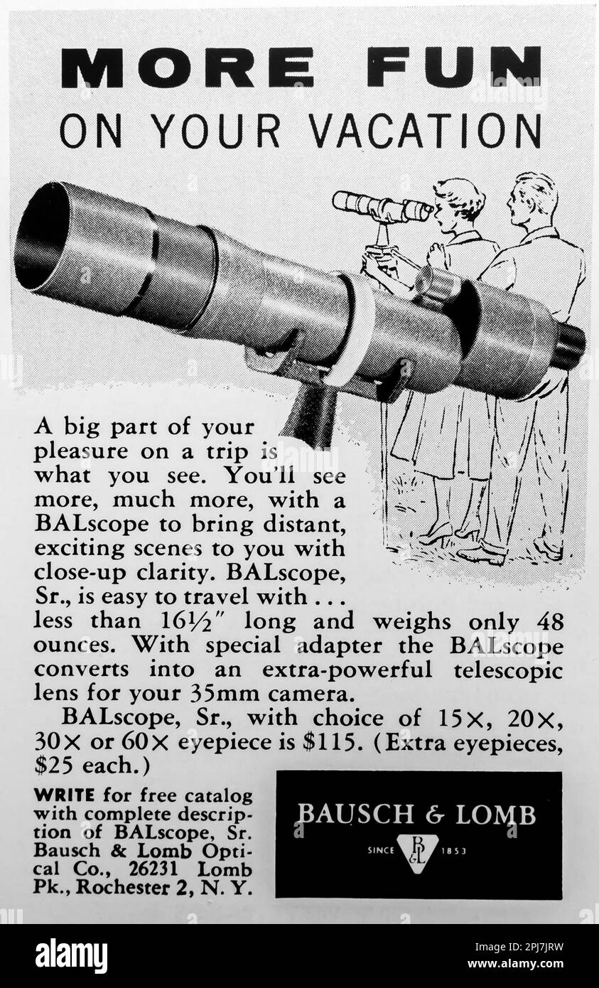 Balscope - Teleskopwerbung von Bausch & Lomb in einer Zeitschrift NatGeo, Juli 1958 Stockfoto