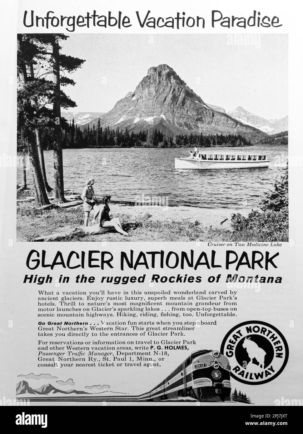 Reisewerbung für den Glacier-Nationalpark Montana in einem Magazin in NatGeo, Januar 1958 Stockfoto