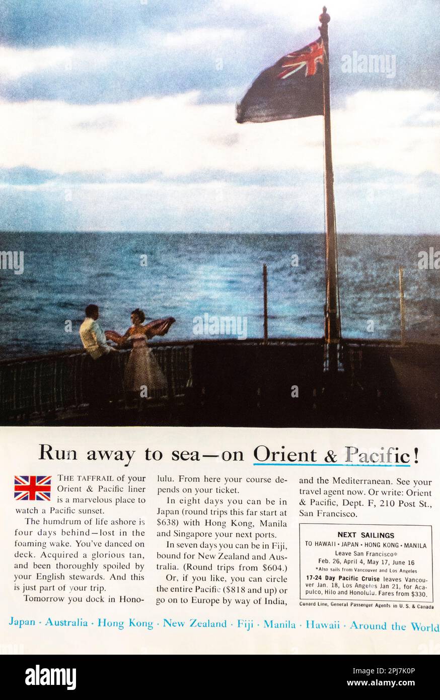 Orient & Pacific Liner-Werbung in einer Zeitschrift in NatGeo, Dezember 1959 Stockfoto