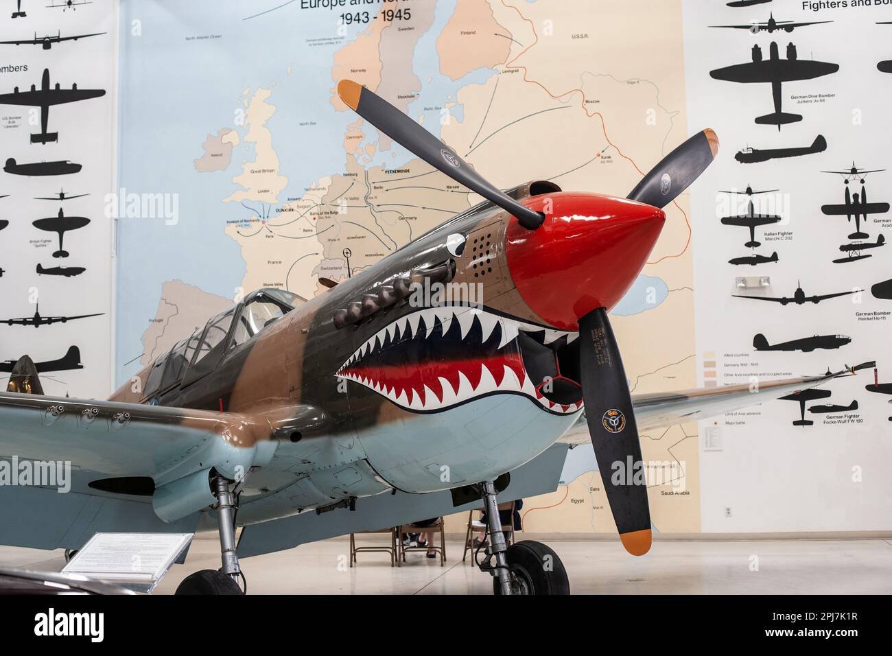 Curtis Wright P 40 Hawk-Kämpfer aus dem Zweiten Weltkrieg im Palm Springs Air Museum Stockfoto