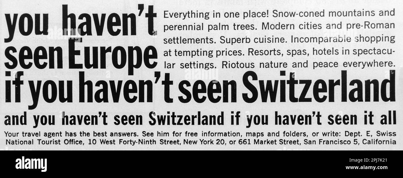 Schweizer Reisewerbung in einer Zeitschrift NatGeo, Dezember 1959 Stockfoto