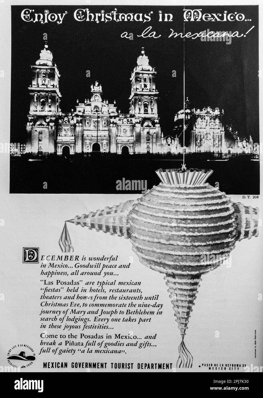 Reisewerbung „Weihnachten in Mexiko“ in einer Zeitschrift in NatGeo, Dezember 1959 Stockfoto