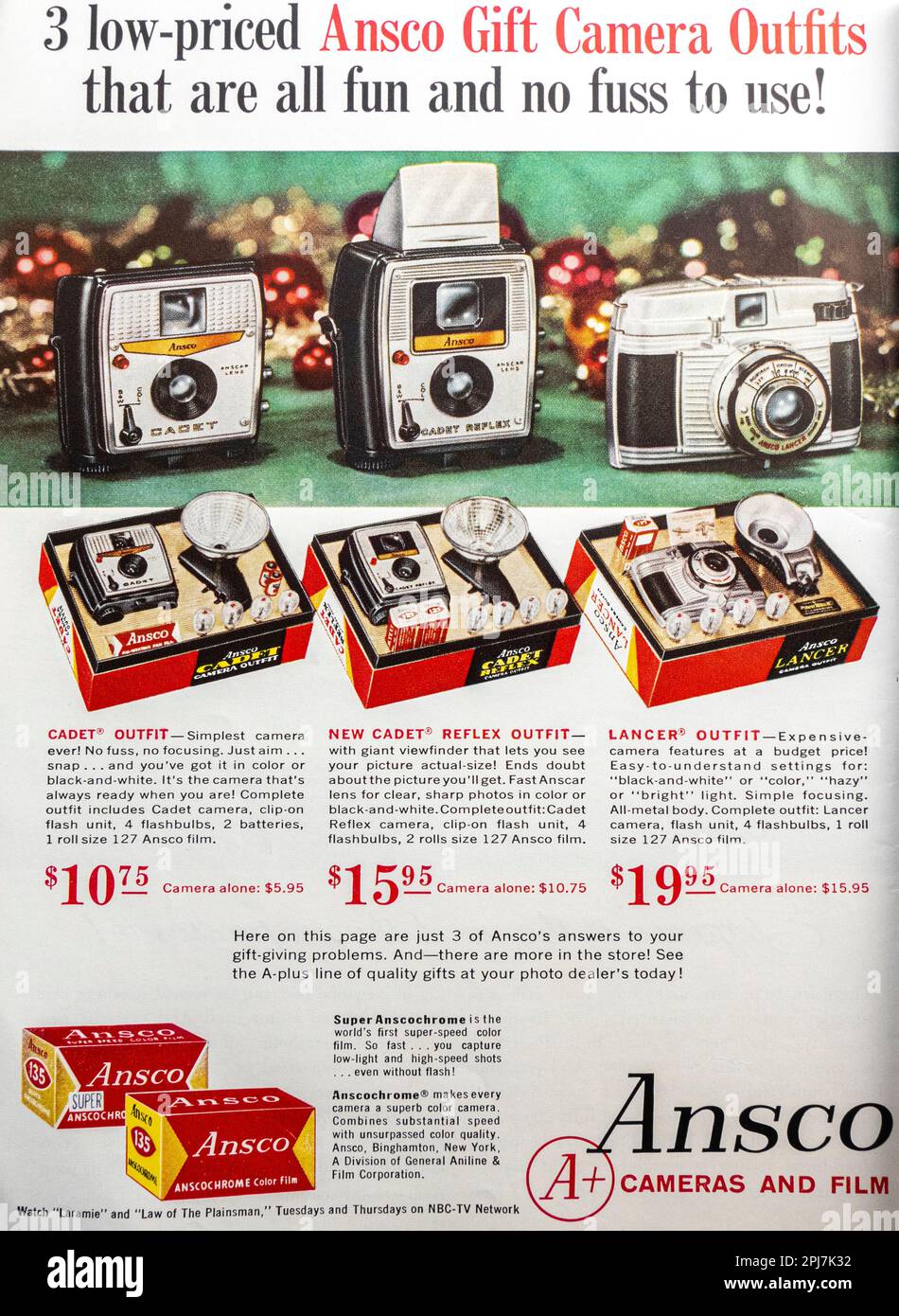 Ansco Kameras und Film, Geschenkpaket Werbung in einer Zeitschrift NatGeo, Dezember 1959 Stockfoto
