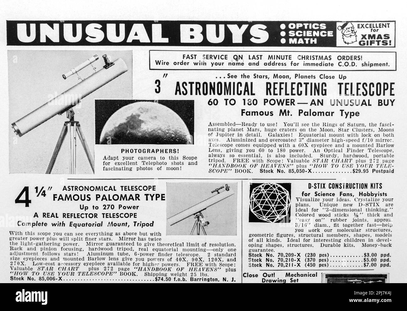 Unusual Buys Advert – Werbung für Optik, Wissenschaft, Mathematik in einem Magazin in NatGeo, Dezember 1959 Stockfoto