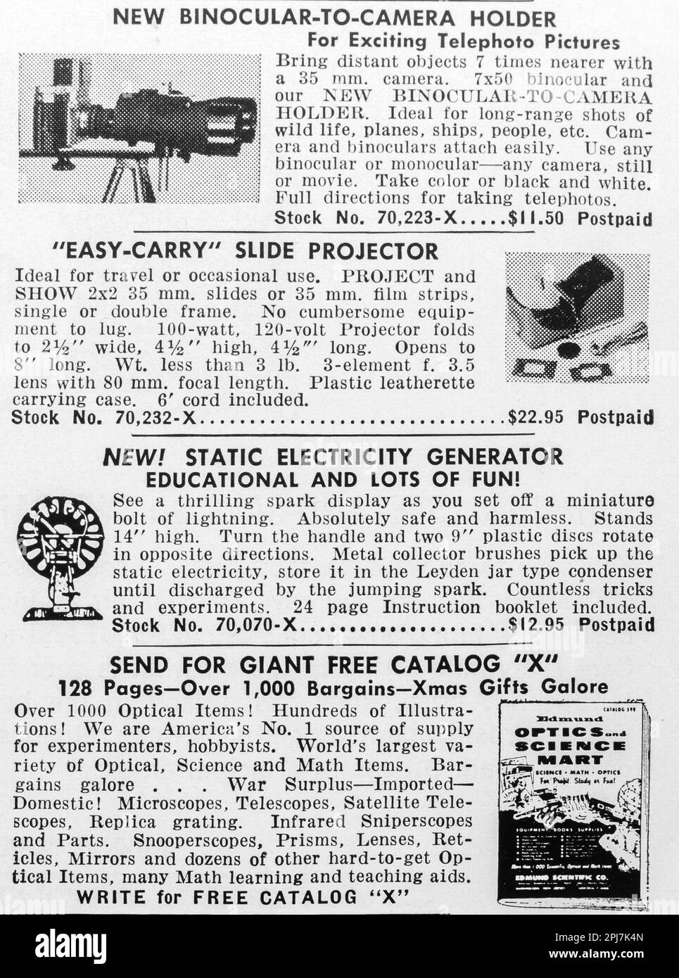 Optikzubehör, binokulare Halterung, Dia-Projektor-Anzeige in einer Zeitschrift NatGeo, Dezember 1959 Stockfoto