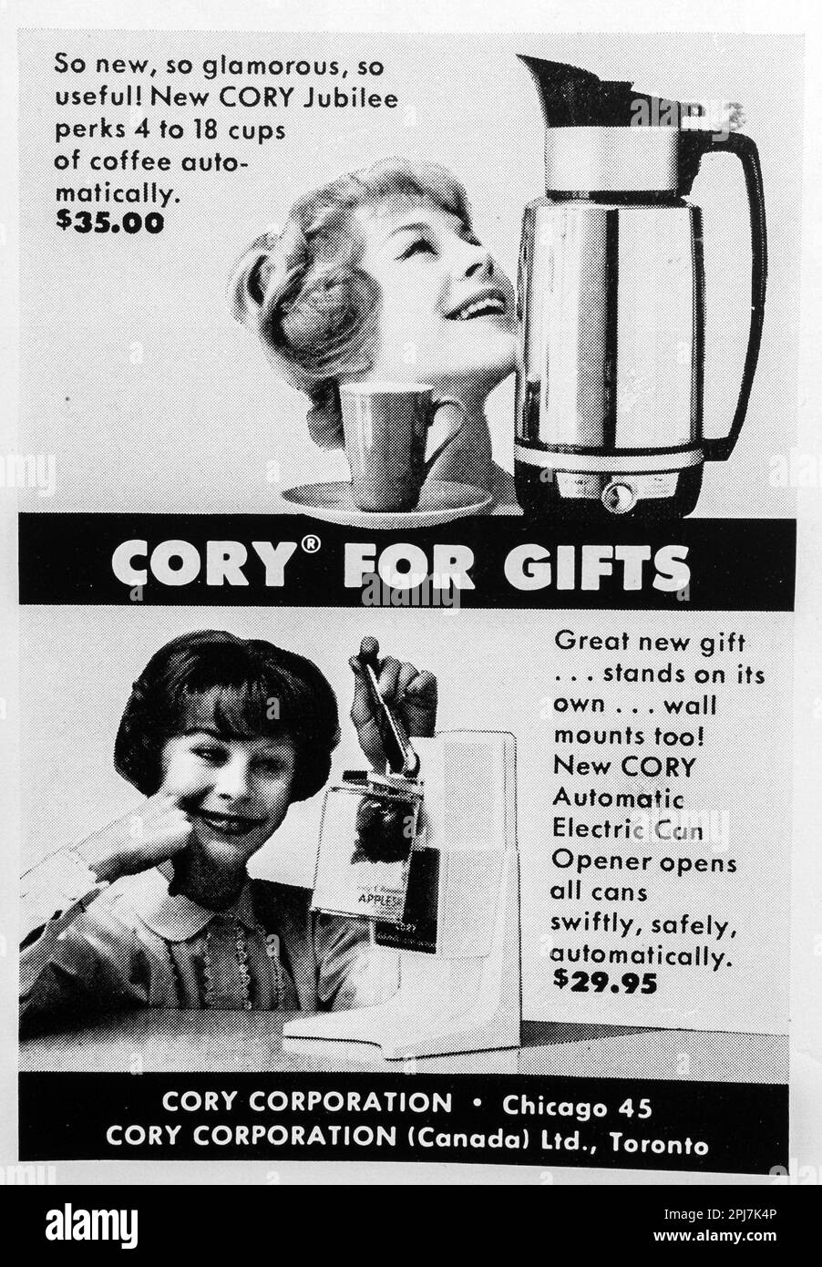 Cory-Kaffeemaschine, Werbung für elektrische Dosenöffner in einem Magazin in NatGeo, Dezember 1959 Stockfoto