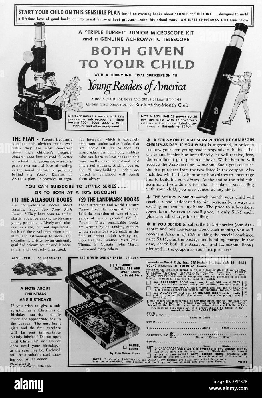 Young Reader of America Gift for children- Mikroskop Kit - Werbung in einer Zeitschrift NatGeo, November 1959 Stockfoto