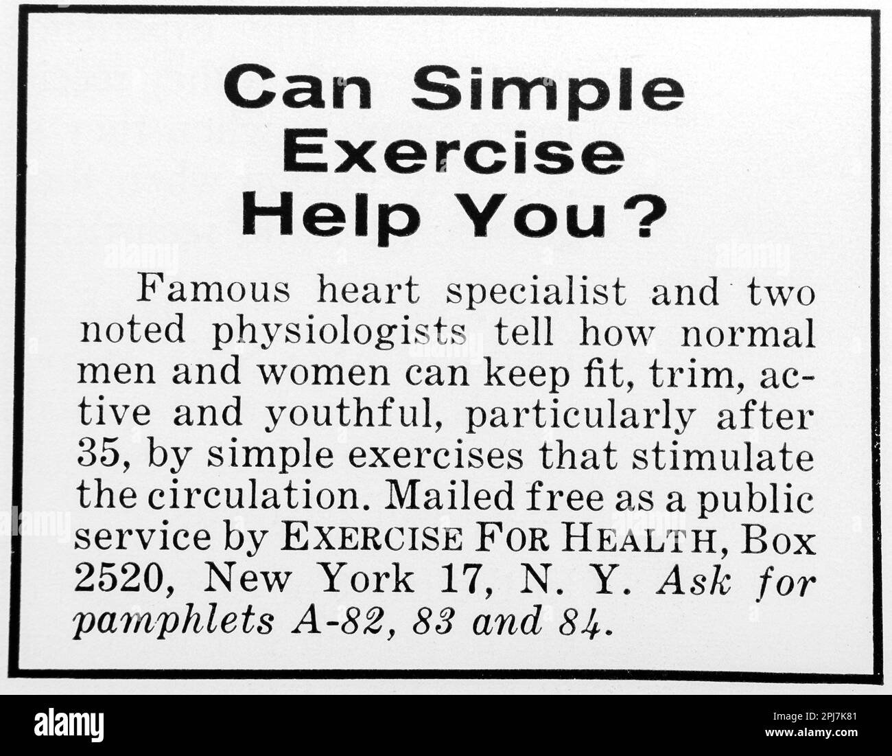 Kardioübungsbroschüre. Herzübungsbroschüren. Anzeige im Gesundheitswesen. Kostenlose Werbung in einer Fitnessbroschüre in einem Magazin von NatGeo, November 1959 Stockfoto