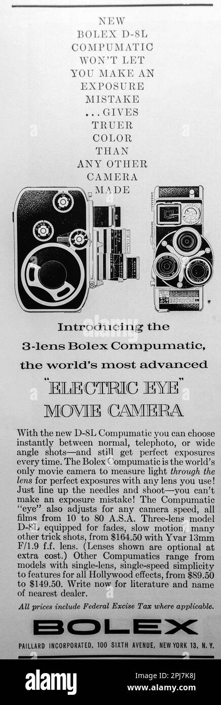 Bolex Compumatic Filmkamerawerbung in einem Magazin in NatGeo, November 1959 Stockfoto