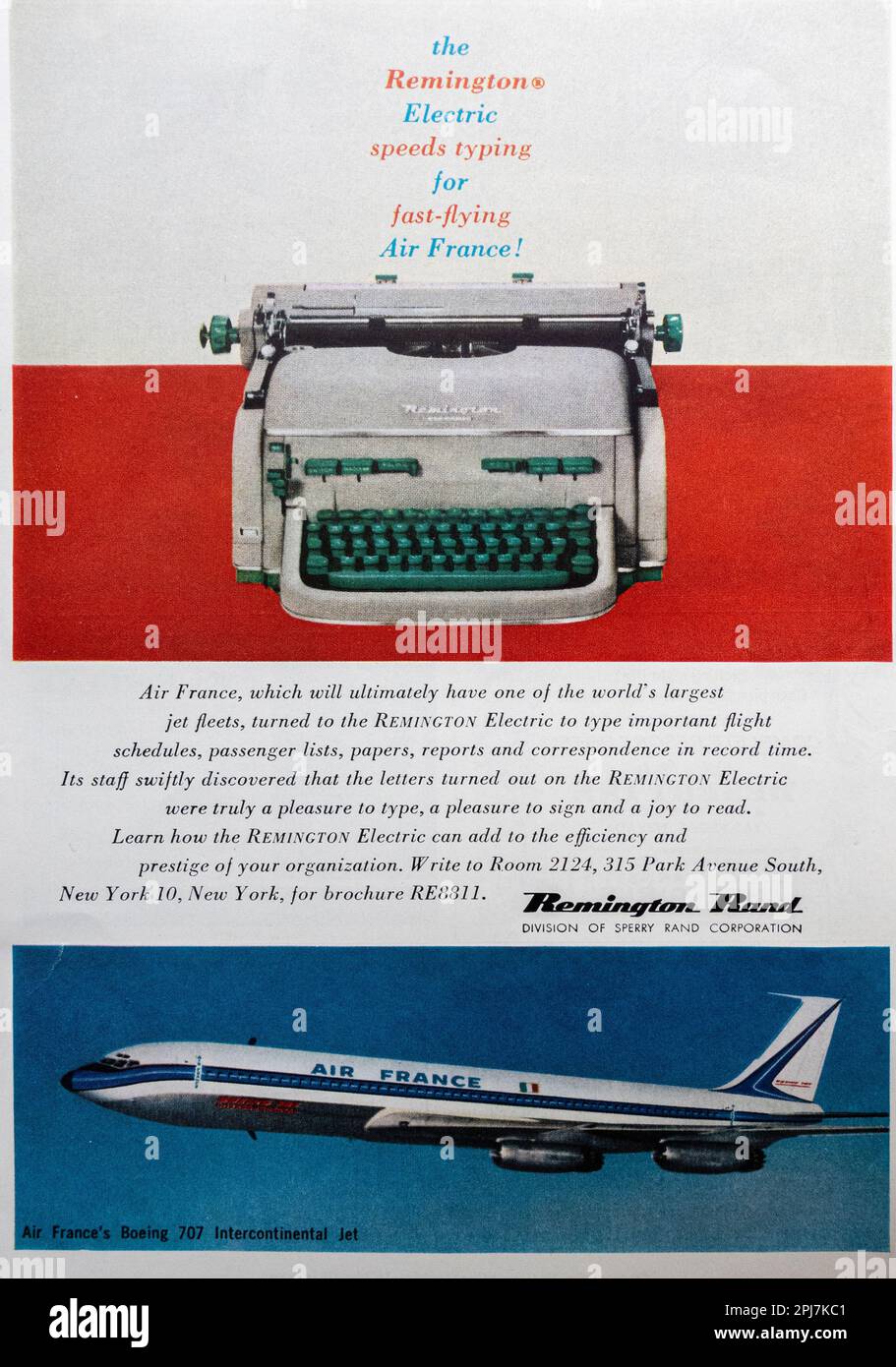 Remington Rand Schreibmaschine - Air France Boeing Air-Werbung in einer Zeitschrift NatGeo, November 1959 Stockfoto