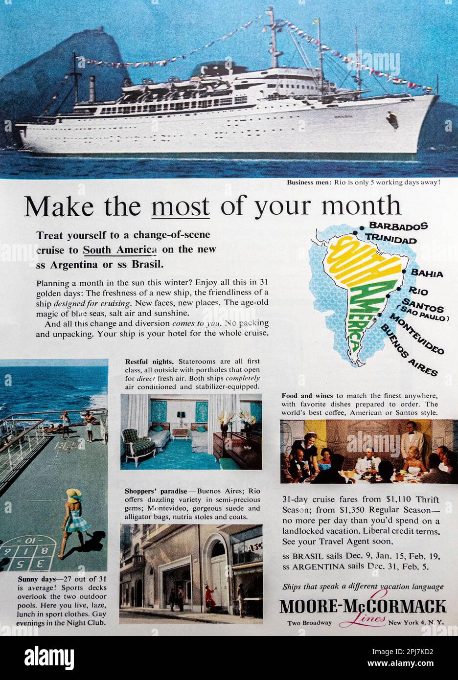 Moore-McCormack Lines Cruises – South America Voyage-Werbung in einer Zeitschrift NatGeo, November 1959 Stockfoto