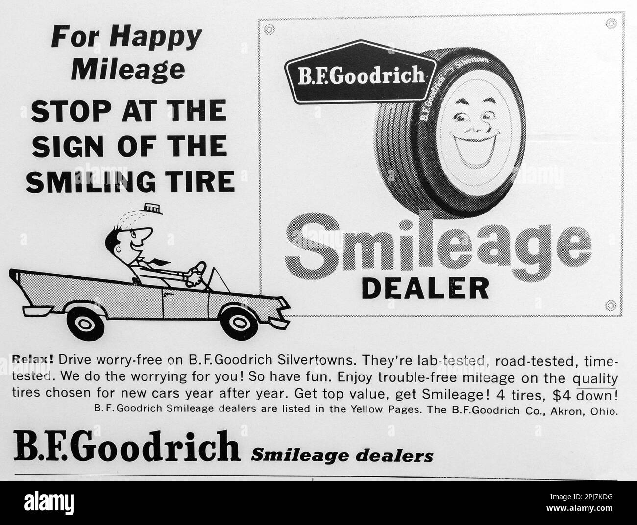 Die Goodrich Corporation, früher B.F. Goodrich Company, Tyres Smileage Händlerwerbung in einem NatGeo Magazin, August 1959 Stockfoto
