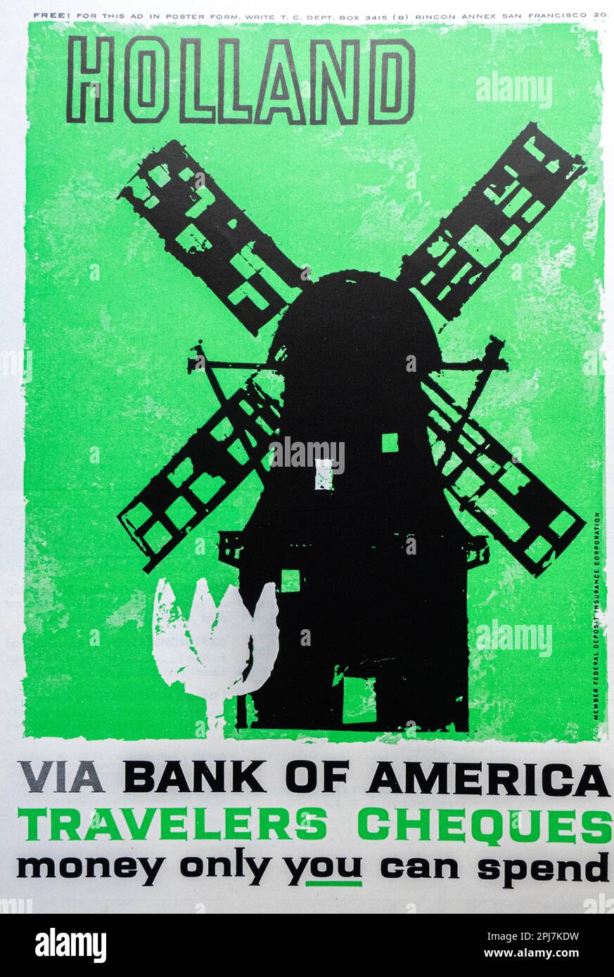 Reisegeschecks der Bank of America Travel to Holland in einer Zeitschrift in NatGeo, August 1959 Stockfoto