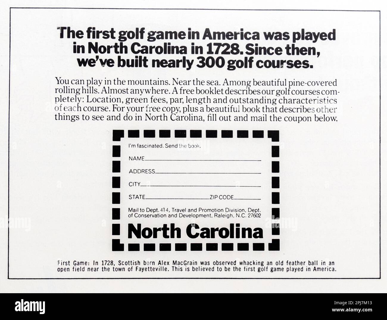 Anzeige für Golfplätze in North Carolina in einem Magazin in NatGeo, März 1969 Stockfoto