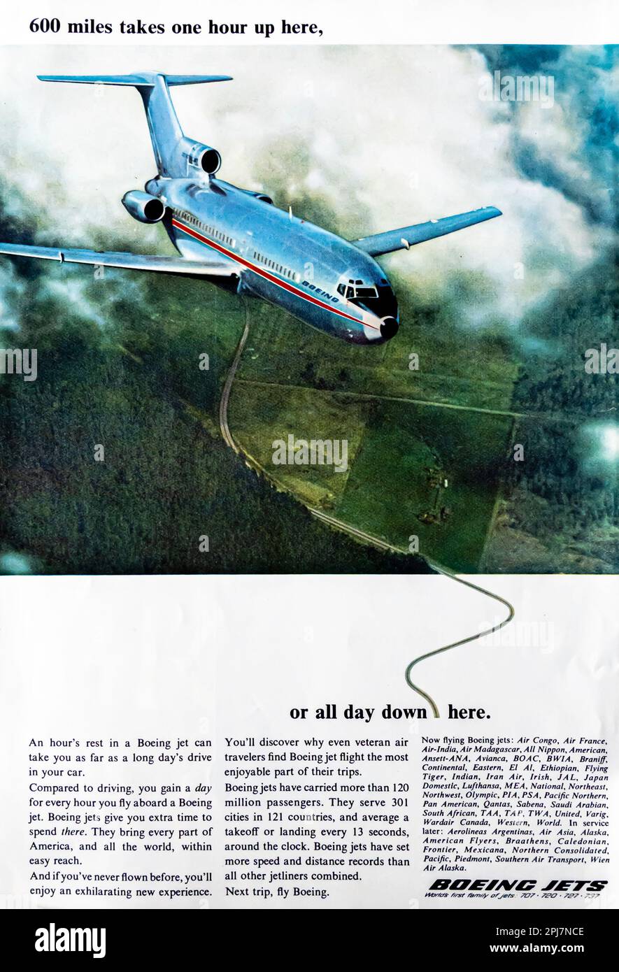 Boeing-Jets-Werbung in einer Zeitschrift NatGeo, Juni 1966 Stockfoto